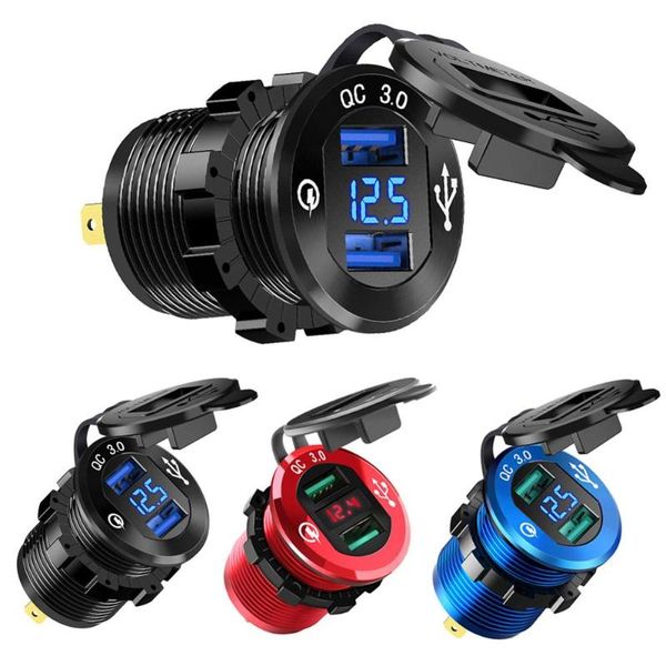 

quick charge 3.0 dual usb charger socket, waterproof aluminum power outlet fast charge with led voltmeter for 12v/24v car boat m