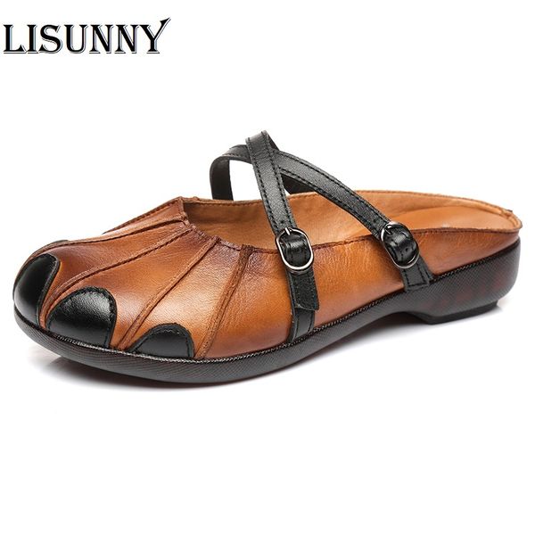 

lisunny women slippers soft mules flat heels summer shoes black genuine leather lazy shoes for women slippers outdoor handmade