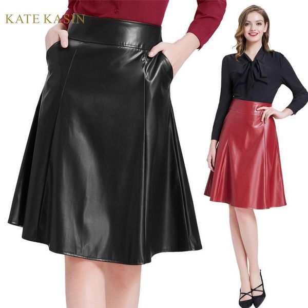 Kate Kasin Mulheres Faux Leather Saia Com Bolsos Flamejados A-Linha Saias Senhoras Vintage Back Zipper Preto / Vermelho PU Couro Midi Skirt