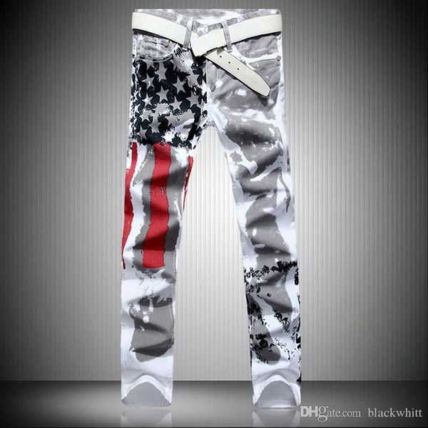 

мужская белый американский флаг печатных джинсы стрейч тонкий вскользь пятиконечная красная нашивки брюки мужские джинсы одежда размеры s-5x, Blue