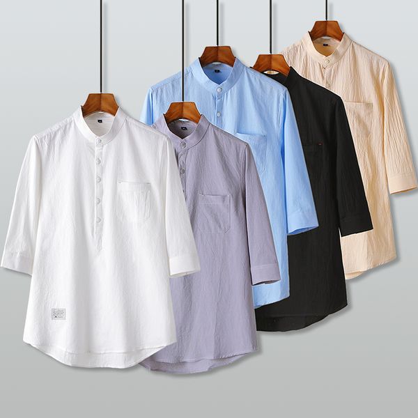 

mens linen cotton shirts three quarter sleeve button crew neck solid loose 2020 autumn dress shirts fashion classic male clothes, White;black