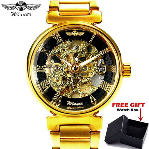 

winner gold skeleton automatic mechanical watch unisex retro self-wind wristwatch, Slivery;brown