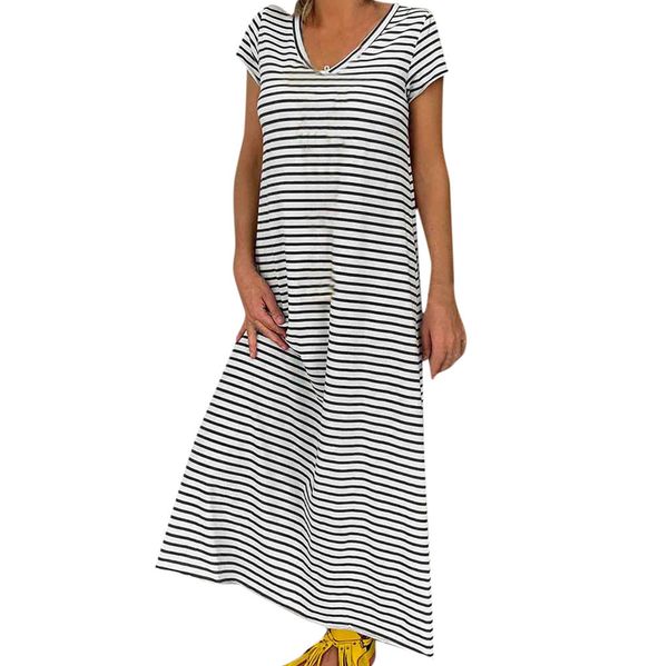 

new cotton summer dress striped bandage v neck dress women clothes striped big size robe femme #zer, Black;gray