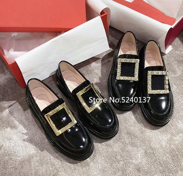 

2019 new european design crystals buckle black women flats round toe slip-on thick bottom runway comfortable loafers women