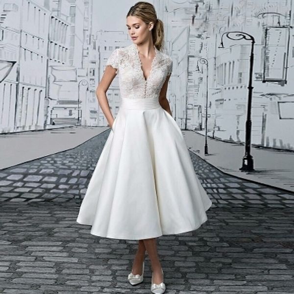 2023 Vestido De Noiva Curto Decote Em V Robe De Mariage Apliques Renda Comprimento Do Chá Vestido De Noiva Ilusão Vestido De Novia