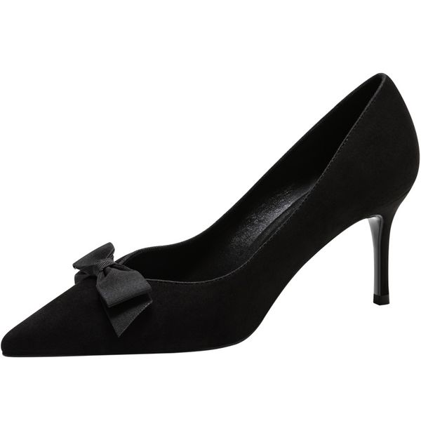 

black pointed professional female high heels fine with 7cm bow shoes 2020 new-style mid-heel work shoes women high heels shoes y200702