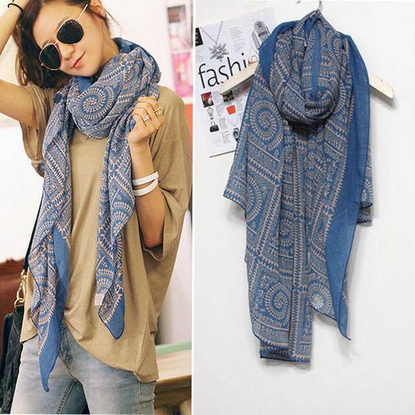 

women scarf elegant retro women long print cotton polyester scarf wrap ladies shawl large scarves spring summer 170*80cm, Blue;gray