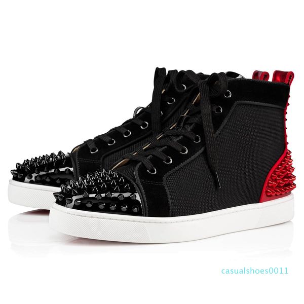 

men women red bottom shoes black suede leather with sliver spikes toe back hi-sneakers,designer brand spikes toe casual shoes 35-47 c11