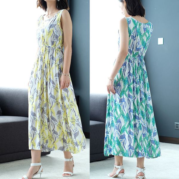 

casual dresses cotton silk floral 2021 summer sleeveless vest loose plus size thin long bohemian print female dress, Black;gray