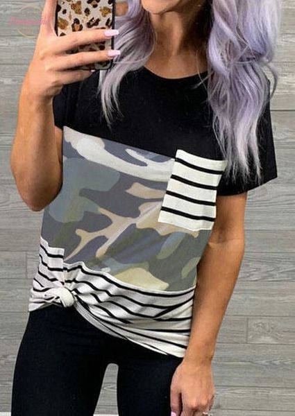 

women tee summer t shirt fashion splicing pocket t shirt tees 2020 new camouflage t shirt female o neck women, White