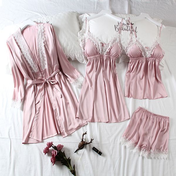 

2019 4 piece set ladies pajamas set silk pajamas spaghetti with sleeping lounge pijama sleepwear suit clothing, Blue;gray