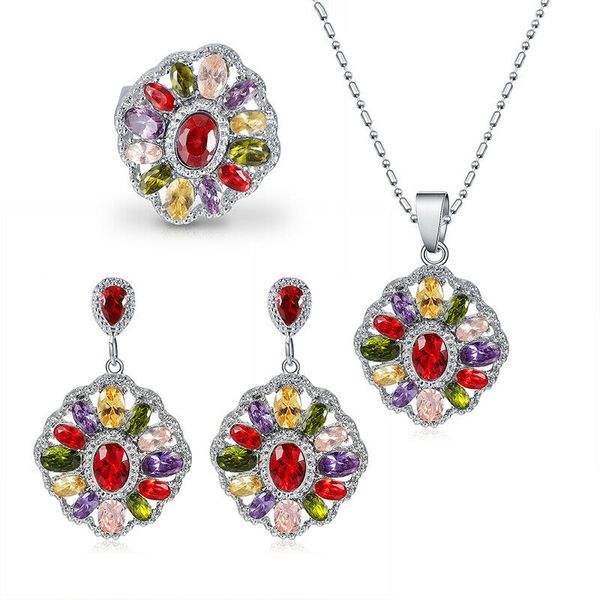 

women fashion silver colorful mystic crystal pendant necklace earrings ring jewelry set