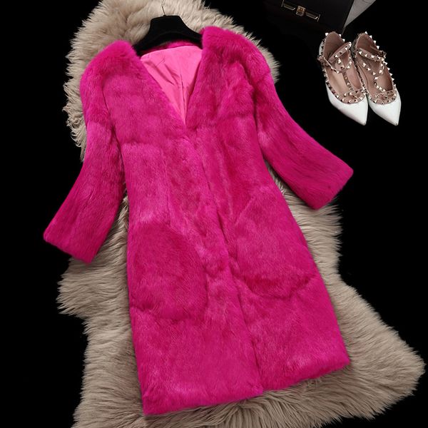 

elegant v neck pocket full pelt natural fur coat outerwear women's autumn winter 2018 slim long jacket plus size s - xxxl, Black