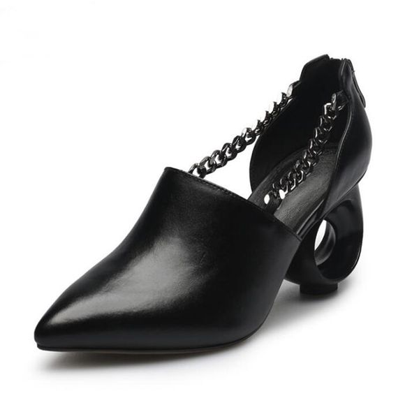 

stylish spring women shoes strange style metal chain decor circle heel side cut out black leather pumps zipper shoes