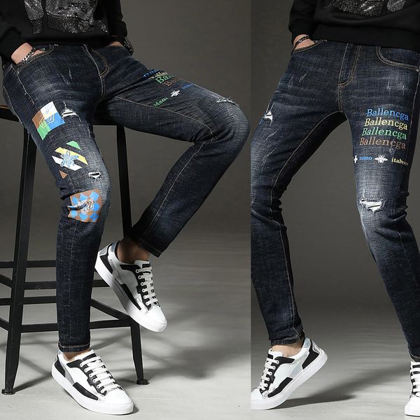 

mens designer jeans pants fashion brand jeans with hole letters street wear men luxury jeans zipped denim pant, Blue