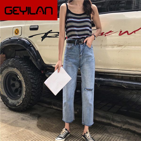 

jeans women spring summer trendy simple all-match korean style hole high waist streetwear loose womens trousers chic casual thin, Blue