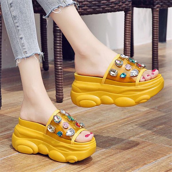 

9cm/3.5 inch height summer outdoor slides fashion transparent pvc platform beach shoes woman cratal rhinestone colorful slippers, Black
