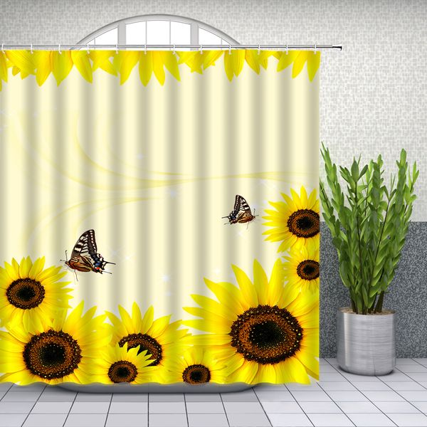 2019 Sunflower Butterfly Shower Curtains Yellow Flower Plant