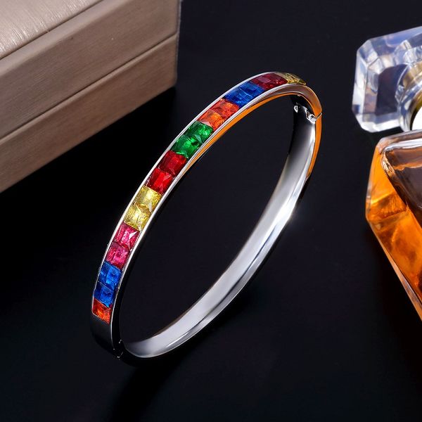 

new shiny square rainbow crystal stainless steel bangle bracelet fashion colorful cubic zircon bangles for women, Black