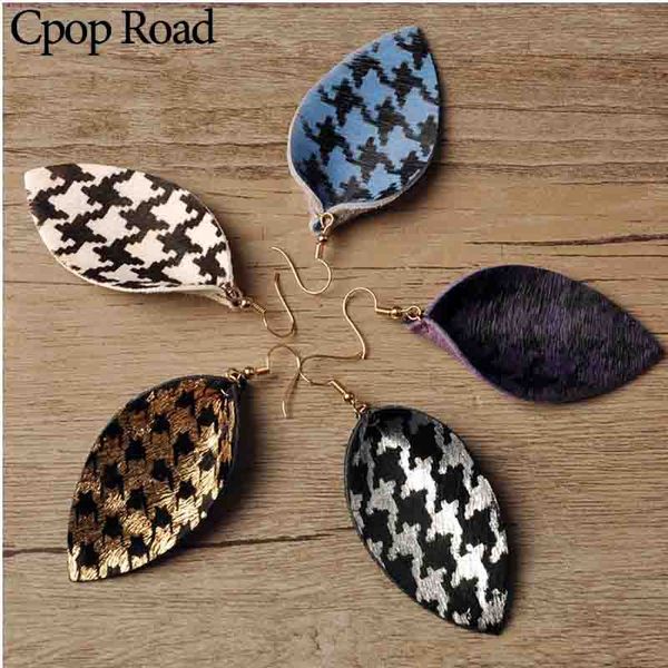

cpop houndstooth pattern leaf genuine leather earrings for women bright feather leather gold silver print female jewelry gifts
