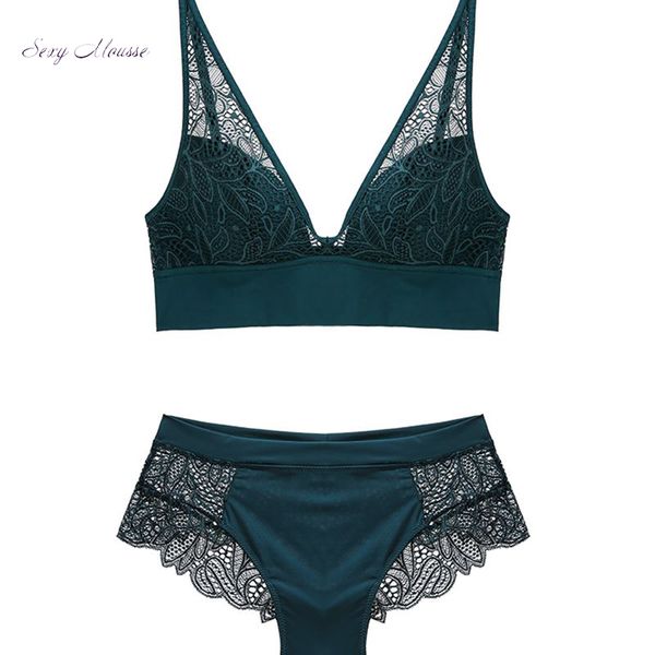 

bras sets mousse wireless women underwear bra and pantie lace floral design thin soft cup young girl green black, Red;black