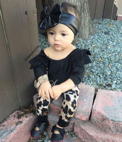

new autumn baby girl set long flare sleeve blouse leopard trousers with headband outfits clothes 3-24m, White