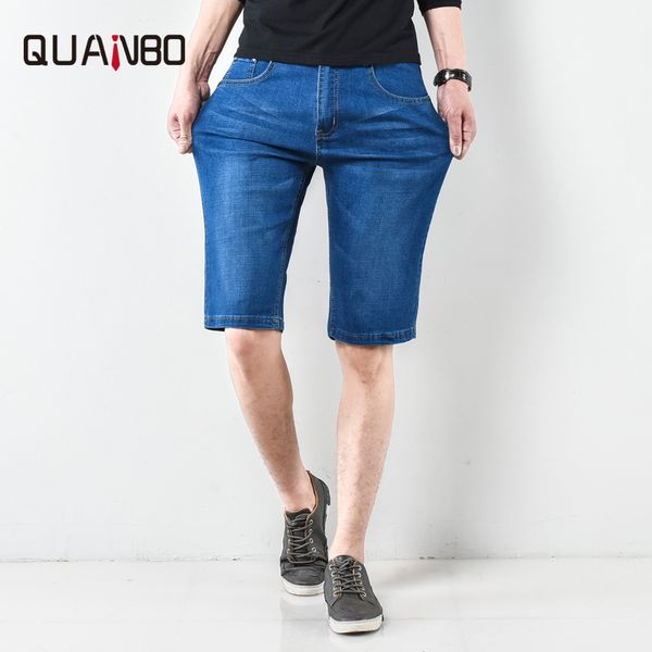 

quanbo 2019 summer thin breathable denim shorts fashion blue elastic straight men jeans cotton casual jeans shorts plus size