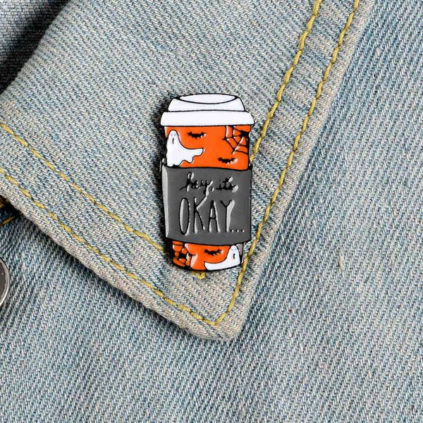 

coffee cup cartoon enamel pins brooches for women ghost spider web black bat badge shirt backpack bag lapel pin jewelry gift for kids, Gray