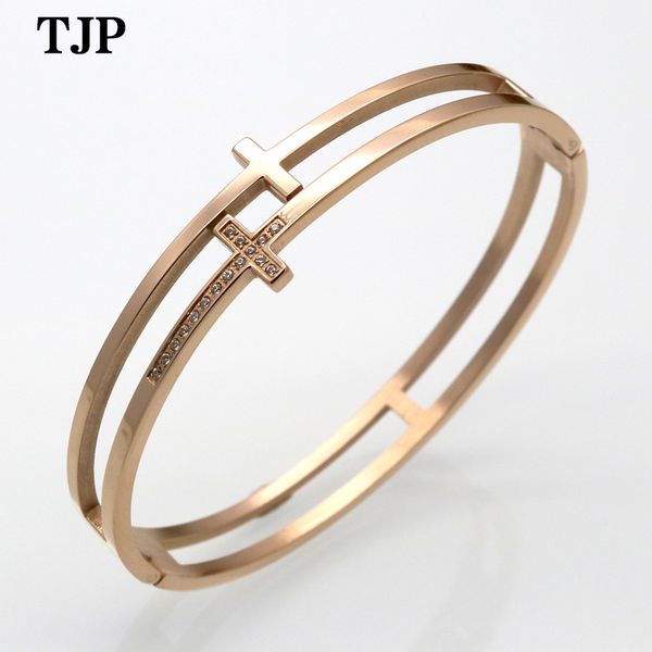 

fashion creative new titanium steel double-layer double cross hollow button cuff bracelet simple cross bracelet anti-allergy, Black
