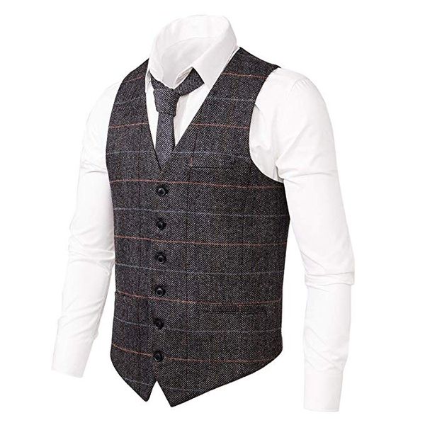 

rustic groom vests attire for wedding groomsmen plaid wool herringbone tweed slim fit mens suit vest farm prom dress waistcoat 242, Black