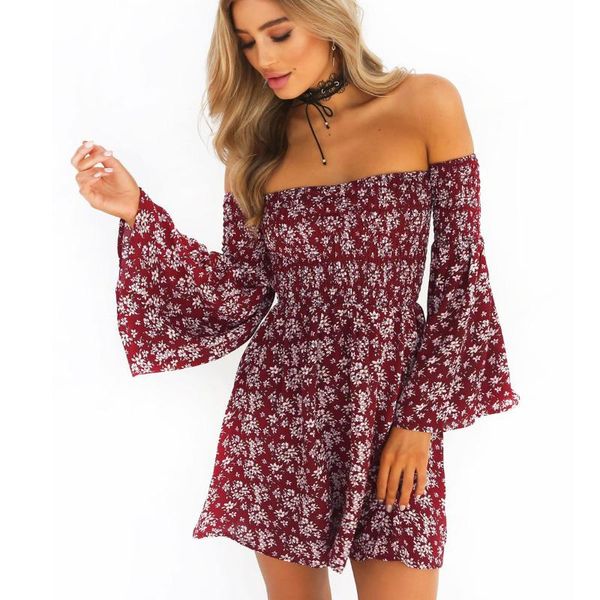 

women dress womens costume long sleeve flower printed dresses ladies slash neck female, Black;gray