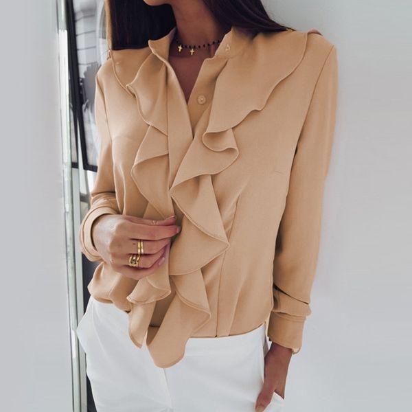 

women's blouses shirts wear for work occupation plus apricot women clothing women long sleeves lotus leaf edge v collar shirt om8755, White