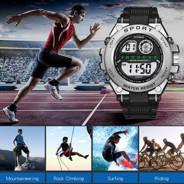 

quality digital electronic watch outdoor sports multi-function trend big screen fashion men's watch 50 meters waterproof, Slivery;brown