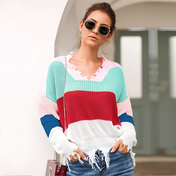 

women knitted sweater color block v neck long sleeve fringed tassels loose casual short pullover knitwear female autumn jumper, White;black