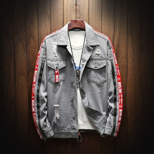 

men's jackets denim jacket men patchwork gold ribbon cowboy punk rock high street fashion outwear coat nice autumn, Black;brown