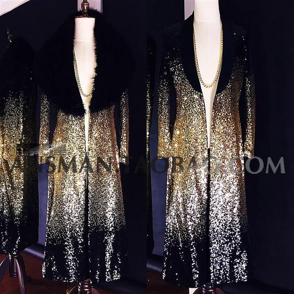 

men's suits & blazers male singer dj nightclub bar embroidered black gold sequins gradient long fur overcoat punk stage performance bla, White;black
