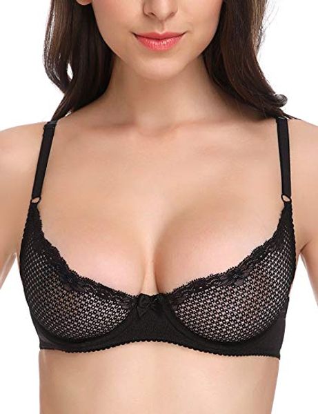 

Women's Sexy 1/2 Cup Lace Bra Soft Mesh Underwired Demi Bra Unlined See Through Bralette, Black