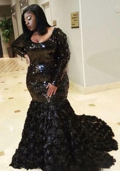 

plus size black sequined prom party dresses 2019 new 3d rose floral long sleeve scoop formal mermaid evening gowns