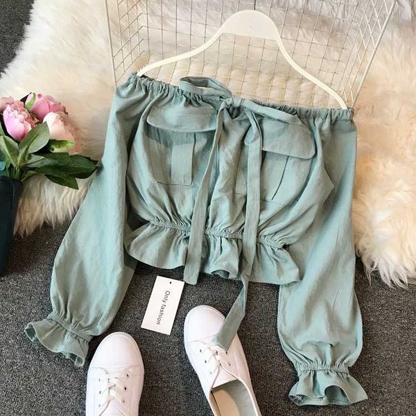 

camiseta feminina long sleeve one word collar fashion women solid wild joker crop 2020 new spring clothes korean, White