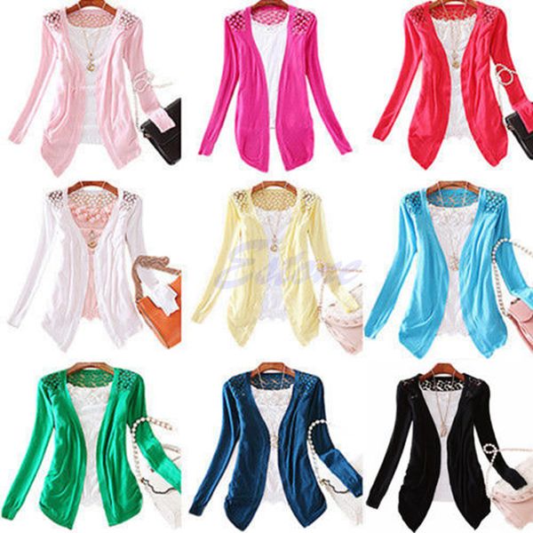 

women candy color lace knitwear crochet hollow cardigan blouse coat sweater, White;black
