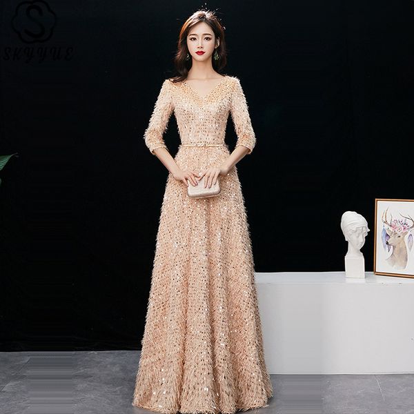 

floor-length evening dress skyyue k384 sequined plus size v-neck special occasion dresses three quarter sleeve robe de soiree, Black;gray