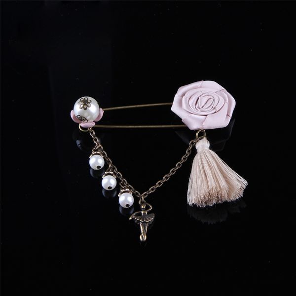 

elegant women ribbon rose flower long thread tassel bronze metal venetian pearls ballet dancer pendant chain brooch pin jewelry, Gray