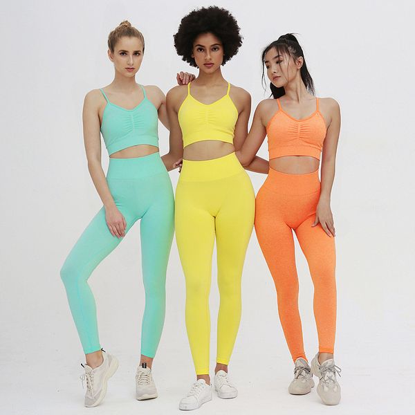 

sports suits women seamless yoga set solid yellow fitness clothing sportswear gym leggings padded push-up sports bra set, White;red