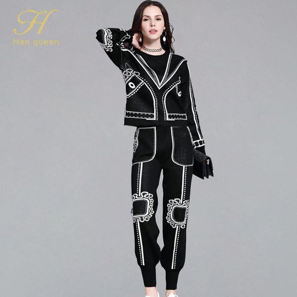 

h han queen vintage stretch knitting women pant suit o-neck pullover crop & high waist pant autumn winter office wear suits, White;black