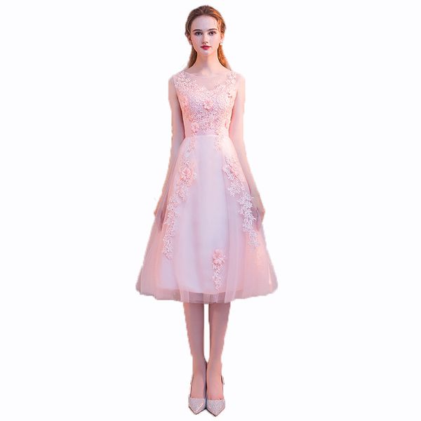 

pink o neck tulle a line cocktail dress with lace flowers 2020 knee length party dresses abiti da cerimonia, Black