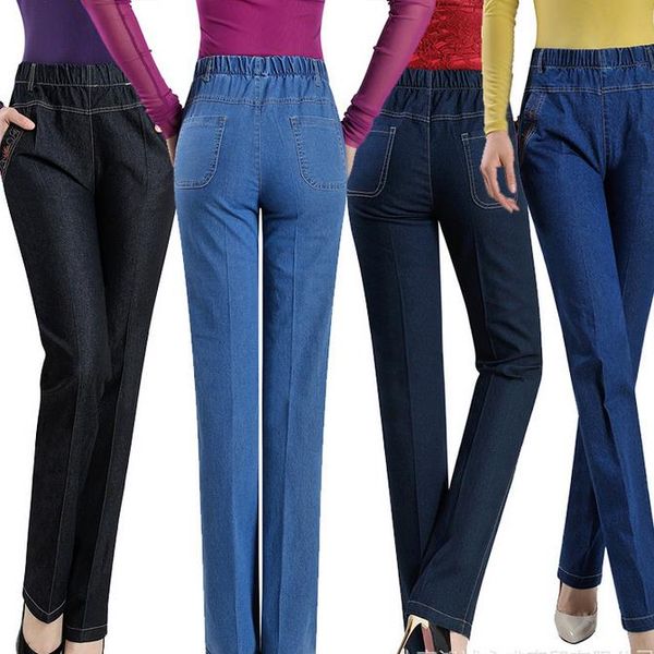 

new spring and summer women's straight jeans colors elastic waist pants casual pants plus size 9xl denim female, Blue
