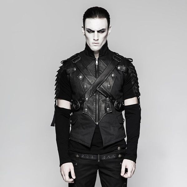

men's vests punk rave faux leather cross y-738, Black;white