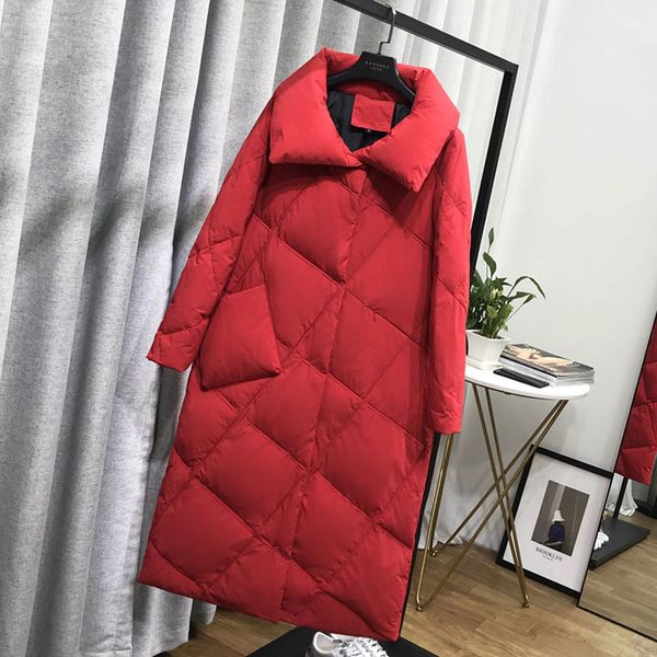 

2020 winter long down parka women ultra light white duck down jacket slim red overcoat female covered button down coat outwear, Black