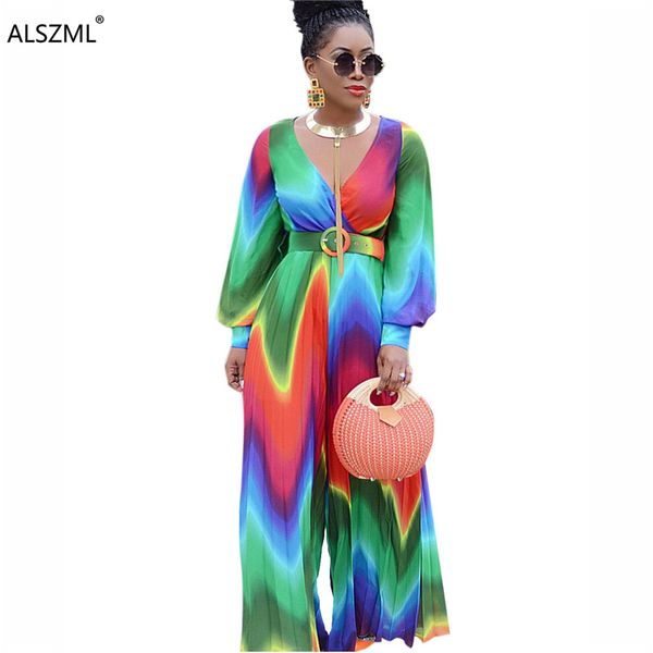 

colorful tie dye art print noble women loose long jumpsuit bohemian fashion lady deep v neck spring overalls, Black;white