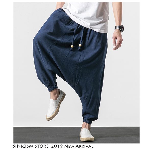 

sinicism store men solid harem pants 2019 mens japanese streetwear sweatpants male cotton linen vintage joggers pants plus size, Black